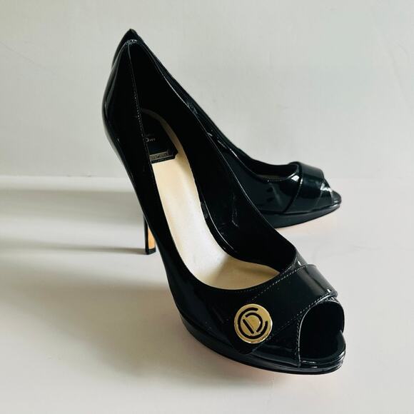 Christian Dior Peep Toe Black Patent Leather Pump Size 40 Classic Formal Career - Picture 2 of 11